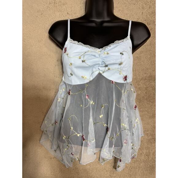 Y2k Inspire Fairy Top XS Embroidered Floral Babydoll Strappy Blue Fairycore - Picture 3 of 8